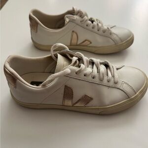 Veja Esplar Leather Sneakers in White with Gold V Logo